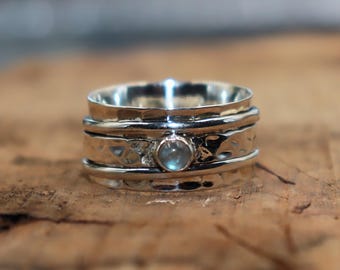 Moonstone Spinner Ring, 925 Sterling Silver Ring, Wide band Ring, Fidget Ring, Hammered Ring, Bohemian Ring, Spinning Ring Gift For Her Ring