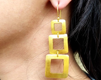 Handmade Brushed Brass Graduated Statement Earrings, Brass Geometric Square Brass Drop Earrings, Link Square Earrings