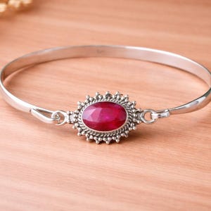 Sterling Silver Oval Ruby Bangle Bracelet, July Birthstone Cuff, Vintage Bezel Jewelry