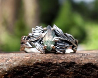 Moss Agate Gemstone Ring, 925 Sterling Silver Ring, Silver Branches Ring, Handmade Ring, Leaves Ring, Unique Design Ring, Gift For Wife,....