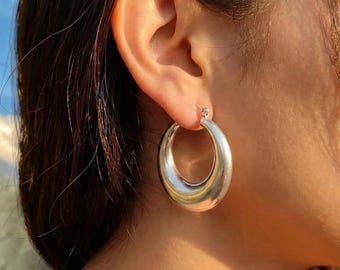 Chunky Sterling Silver Hoop Earrings, Bold Thick Statement Hoops, Polished Minimalist Jewelry Birthday Gift