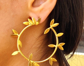 Modern Handmade Brass Golden Realistic Leaf Earrings | Rosemary Leaf Earrings | Gold Circle Stud Earrings | Classic Earrings | Open Hoop