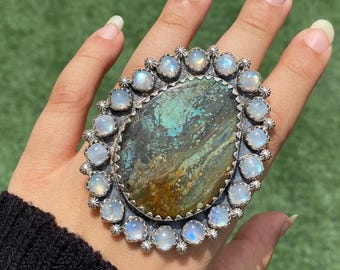 Tibetan Turquoise And  Moonstone Statement Handcrafted Ring. made In 925 Sterling Silver. Boho Ring, Two Stone Ring, Boho Jewelry Gift Her,.