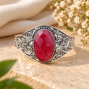 Handmade Raw Ruby Cuff Bangle, 925 Sterling Silver Filigree Bracelet, Natural Gemstone Statement Jewelry