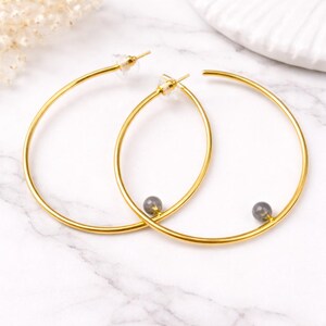 Brass Labradorite Hoop Earrings, Minimalist Boho Jewelry, Handmade Statement Hoops