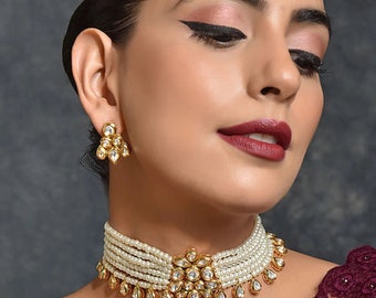 Floral Kundan Choker with Pretty Earrings, Wedding Choker Set, Bridal Choker Set, Meenakari Jewellery White Pearl Choker Indian Pearl Choker