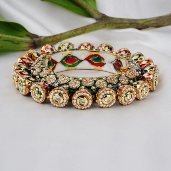 Pacheli Bangle With Pearls and Semi precious Stones gold Plated