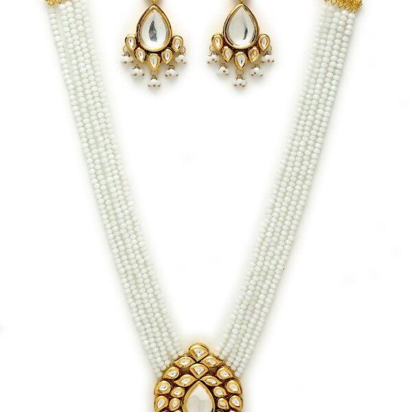 Red Pearl and White Kundan Silver Tone Pearl Beaded Necklace with Earrings