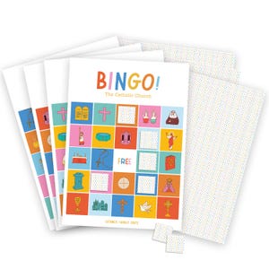 Bingo católico - Juego de fiesta católico - Juego católico - Niños católicos - Juegos familiares - Juegos de cartas - Juego de bingo - Símbolos católicos - Aula