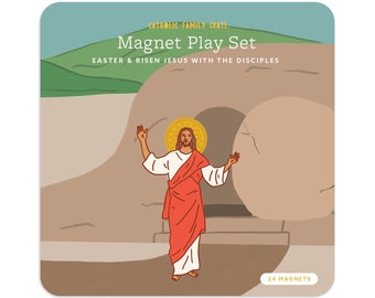 May include: A square magnet play set featuring a cartoon illustration of Jesus in a red robe with a yellow halo standing before an open tomb. The text reads Catholic Family Crate, Magnet Play Set, Easter & Risen Jesus with the Disciples, 24 magnets.