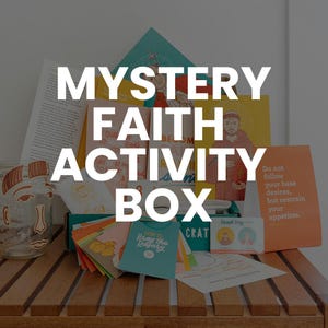 May include: A Mystery Faith Activity Box containing various printed cards, booklets, and a glass jar with a face illustration. The items feature religious imagery, text, and colorful graphics, including a card that reads Do not follow your base desires.