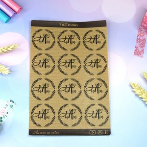 Autocollants "Fait main" papier kraft, stickers sheets, ronds, couronne