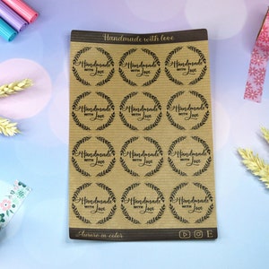 Autocollants "Hand made with love" papier kraft, stickers sheets, ronds, couronne
