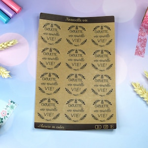 Autocollants "Chouette, une nouvelle vie" papier kraft, stickers sheets, ronds, couronne