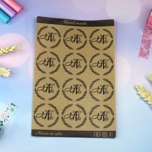 Autocollants "Hand made" papier kraft, stickers sheets, ronds, couronne