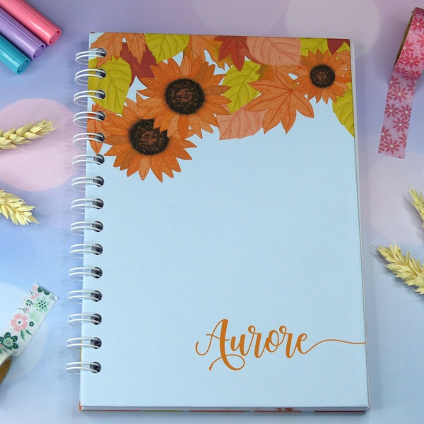 Cahier de notes ligné à spirales aquarelle fleurs automne, notebook waterpaint flower, notes, agenda, bullet journal, planner