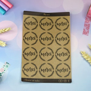 Autocollants "merci" papier kraft, stickers sheets, ronds, couronne