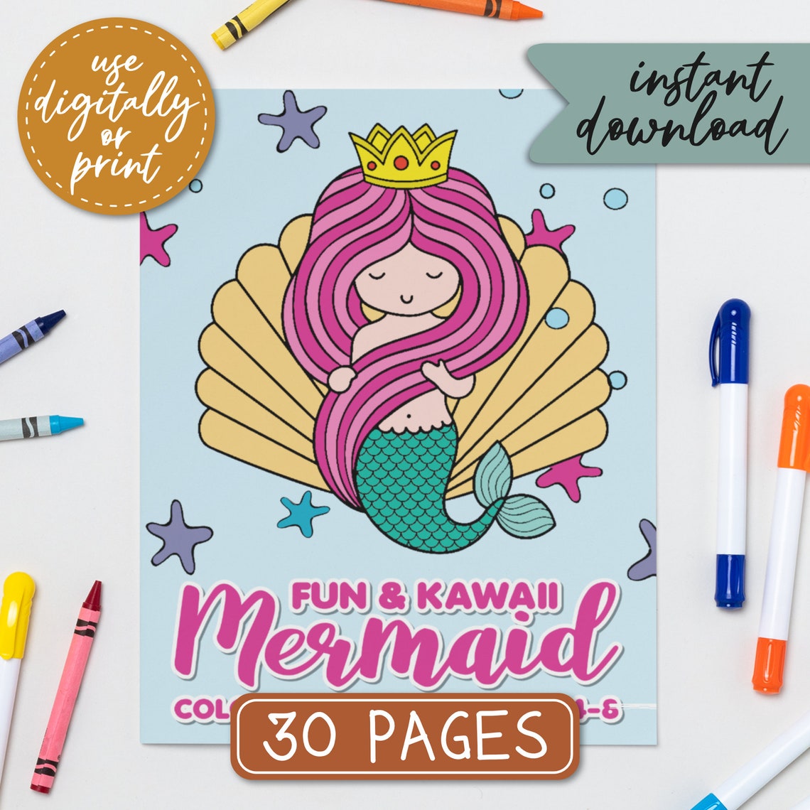 Fun and Kawaii Mermaid Coloring Pages for Girls 4-8 PDF - Etsy