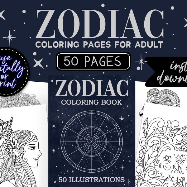 Zodiac Coloring Pages, Horoscope PDF Coloring Book Printable Digital Download, Cute Moon and Stars Gifts For Celestial Lovers