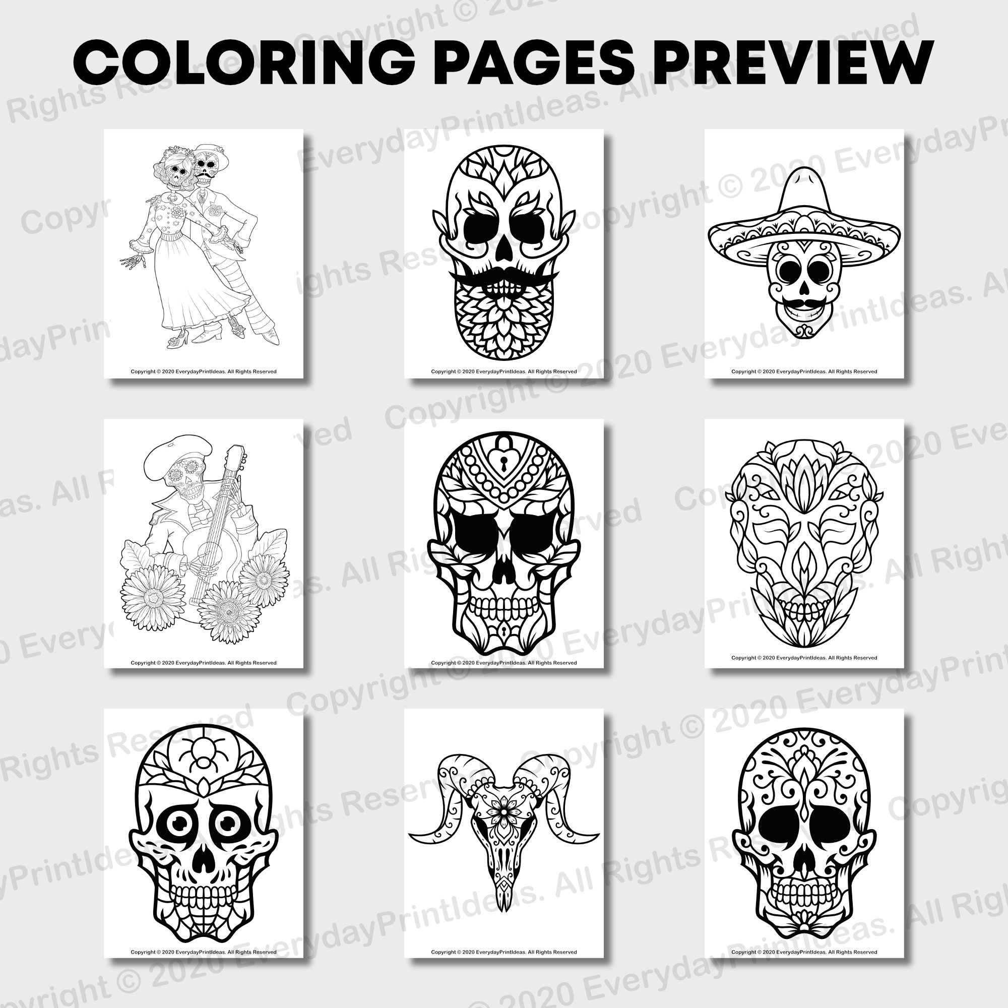 Dia De Los Muertos Sugar Skull Coloring Pages for Adults and - Etsy