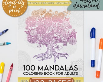 100 Mandalas Coloring Pages For Adults, PDF Coloring Book Printable Digital Download