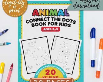 Animal Connect The Dots Pages For Kids, Tracing Workbook Ages 3-5, PDF Printable Digital Download