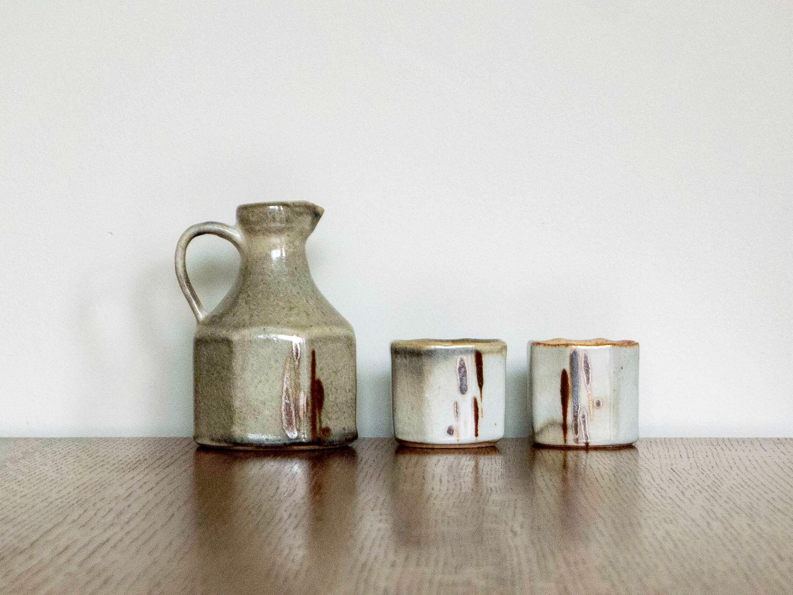 Handmade Ceramic Sake Set - Faceted Bottle and two cups