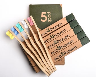 Spazzolini da denti in bambù naturale - Confezione famiglia - Setole medie colorate - Riciclabili - Manico ergonomico in legno - Biodegradabili e compostabili