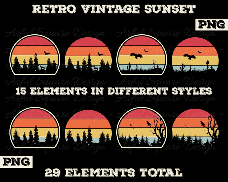 Retro Vintage Sunsets 15 Retro Sunset Clipart PNG Digital Download ...