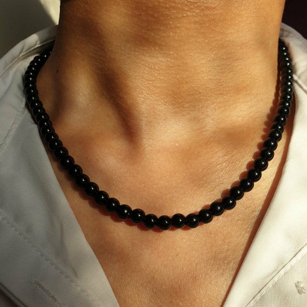 Collier homme perles noires 6 mm