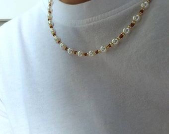 Ivory glass pearl with brown and gold glass bead necklace