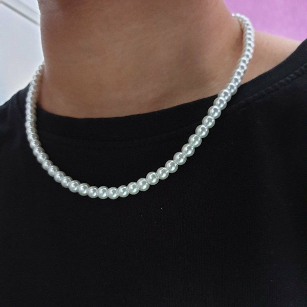 Witte 6 mm glazen parelketting voor mannen/vrouwen