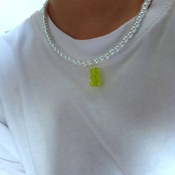 Lime gummy bear pendant with White glass pearl necklace