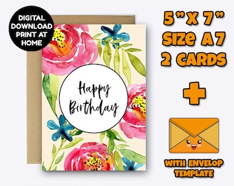 Printable Birthday card, Downloadable Birthday Card, Digital Birthday Card, Instant Download, Floral birthday card, 5x7 Greeting Card, Happy