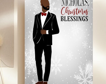 Diverse Black Greeting Card, Merry Xmas Card bald & bearded, Black Male Classy Man, African American Ethnic Melanin Card Black Greeting Card