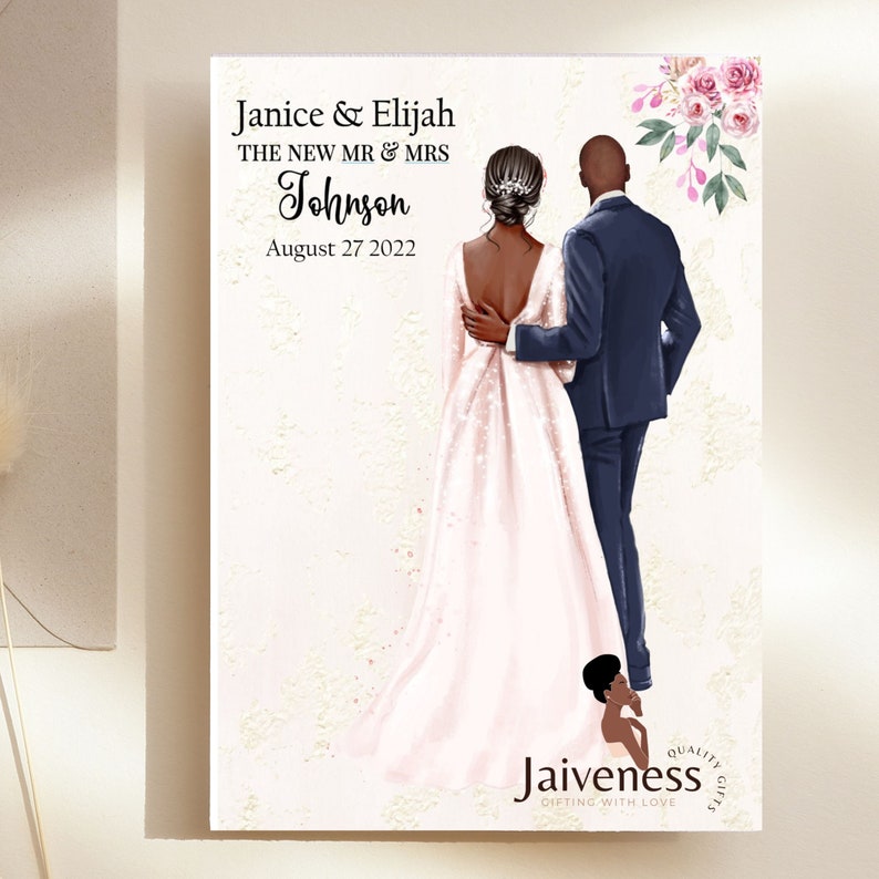 May include: A wedding illustration of a Black couple in formal attire. The bride is wearing a white wedding dress and the groom is wearing a dark blue suit. The text reads "Janice & Elijah THE NEW MR & MRS Johnson August 27 2022".