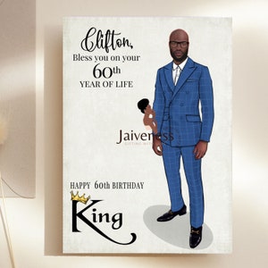 May include: A birthday card with a blue and white checkered suit illustration of a man with a bald head and a black beard. The card says "Clifton, Bless you on your 60th YEAR OF LIFE" and "HAPPY 60th BIRTHDAY King".