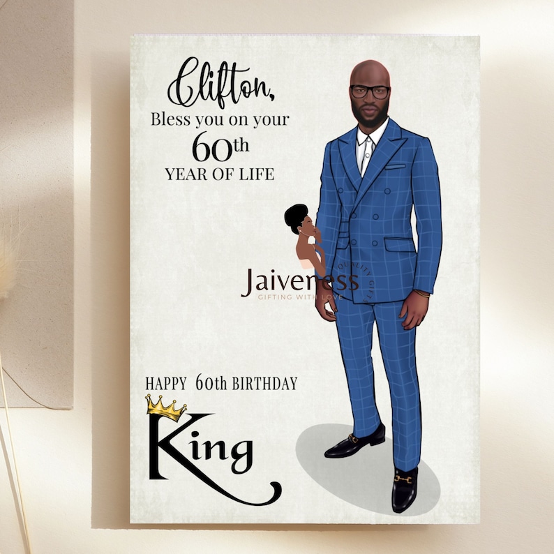 May include: A birthday card with a blue and white checkered suit illustration of a man with a bald head and a black beard. The card says "Clifton, Bless you on your 60th YEAR OF LIFE" and "HAPPY 60th BIRTHDAY King".