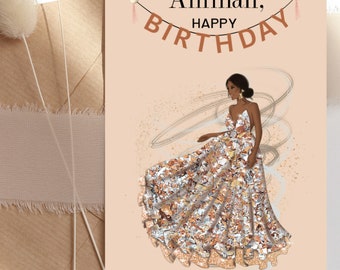 Puede incluir: Una tarjeta de cumpleaños con un fondo melocotón que presenta a una mujer con un vestido brillante dorado y marrón. La tarjeta tiene una pancarta que dice "Feliz cumpleaños" y el nombre "Aminah."