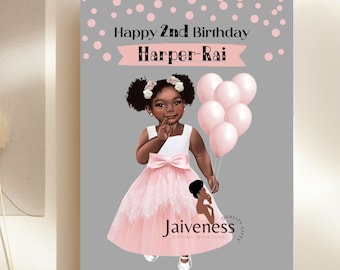 May include: A gray card with pink polka dots and the text "Happy 2nd Birthday Harper-Rai". A young girl with dark skin is wearing a white dress with a pink tulle skirt and holding pink balloons. The text "Jaiveness Gifting with Love" is at the bottom of the card.