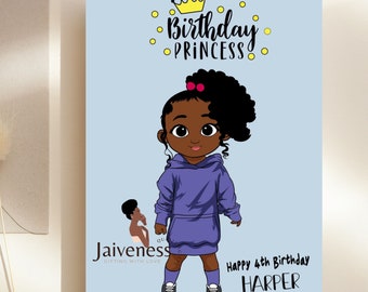 May include: A birthday card featuring a cartoon illustration of a young Black girl wearing a purple hoodie and sneakers. The card has a light blue background with the text "Birthday Princess" and "Happy 4th Birthday Harper".