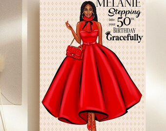 50th Glamourous Birthday Card, Black Woman. Personalised Birthday Card, Greeting Card, Sister, Friend, Family, Women's Birthday Card