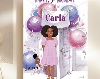 May include: A birthday card with a watercolor illustration of a girl with brown skin and curly hair wearing a pink dress. The card says "Happy 5th Birthday Carla" and has balloons and confetti.