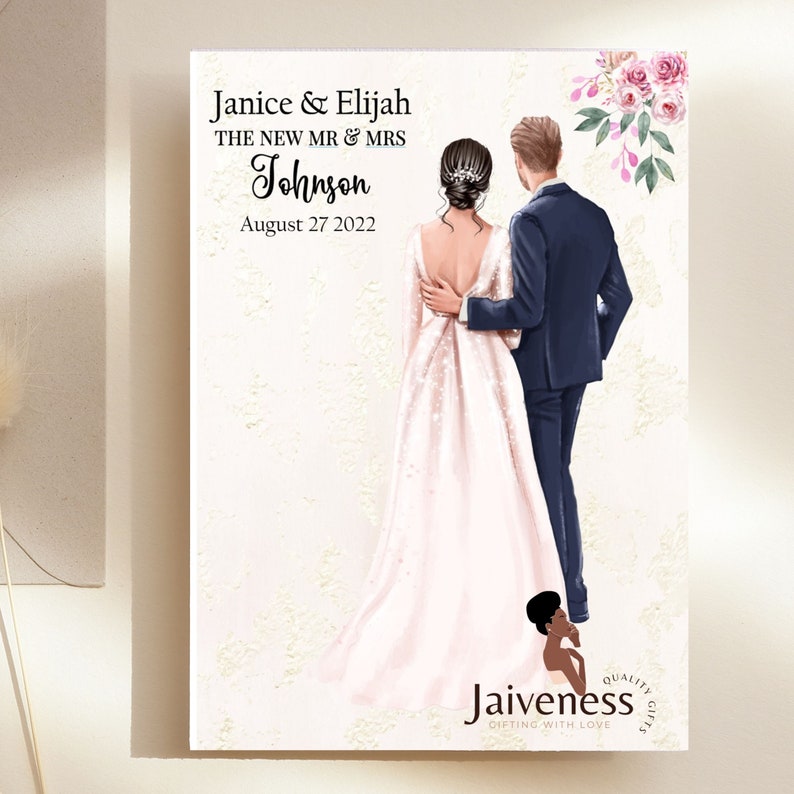 May include: A wedding illustration of a bride and groom in front of a floral background. The bride is wearing a white wedding dress and the groom is wearing a dark blue suit. The text reads "Janice & Elijah THE NEW MR & MRS Johnson August 27 2022".