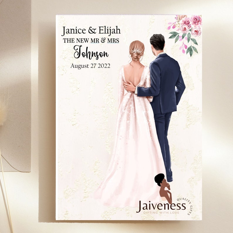 May include: A wedding illustration of a couple in a white dress and a blue suit, with a floral design in the background. The text reads "Janice & Elijah THE NEW MR & MRS Johnson August 27 2022".