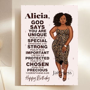 May include: A pink and white background with a brown-skinned woman in a leopard print dress. The text "Alicia, GOD SAYS YOU ARE UNIQUE PSALM 139:13 SPECIAL EPHESIANS 2:10 STRONG PSALM 18:25 IMPORTANT 1 PETER 2:9 PROTECTED PSALM 121:3 CHOSEN JOHN 15:16 PRECIOUS 1 CORINTHIANS 6:20 Happy Birthday" is written in brown text.
