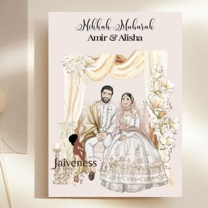 May include: A digital illustration of a couple in traditional South Asian wedding attire. The couple is seated under a floral archway with the text "Nikkah Mubarak Amir & Alisha" above them. The illustration is in a watercolor style with a light pink background.