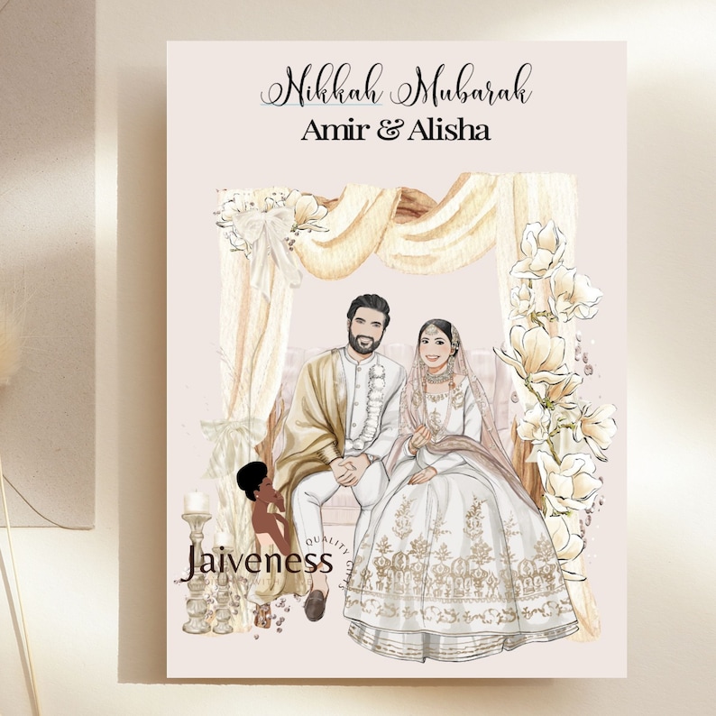 May include: A digital illustration of a couple in traditional South Asian wedding attire. The couple is seated under a floral archway with the text "Nikkah Mubarak Amir & Alisha" above them. The illustration is in a watercolor style with a light pink background.