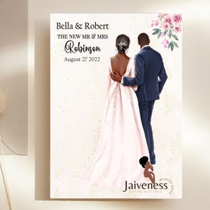 May include: A wedding announcement with a watercolor illustration of a Black couple in wedding attire. The text reads "Bella & Robert, The New Mr. & Mrs. Robinson, August 27, 2022".