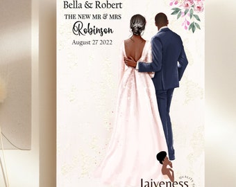 May include: A wedding announcement with a watercolor illustration of a Black couple in wedding attire. The text reads "Bella & Robert, The New Mr. & Mrs. Robinson, August 27, 2022".